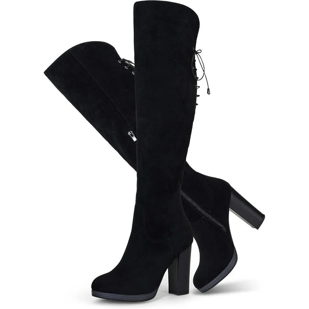 🆕Women's Black-imitation Suede Thigh High Over The Knee Rounded Toe Tall Boot